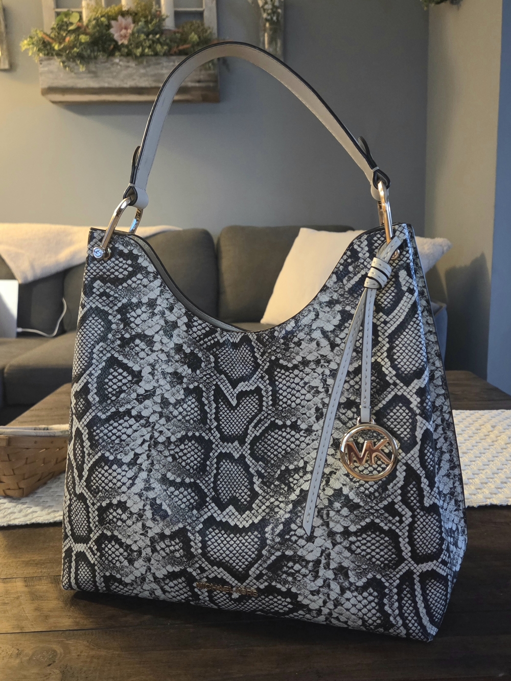 Michael Kors Black & White Snake-Print Hobo Bag with Gold Hardware